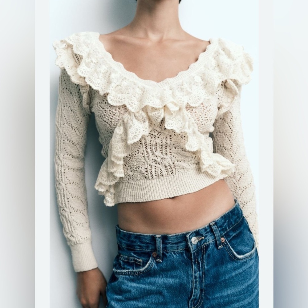 ZARA CROCHET lace RUFFLEd SWEATER sz M medium cream